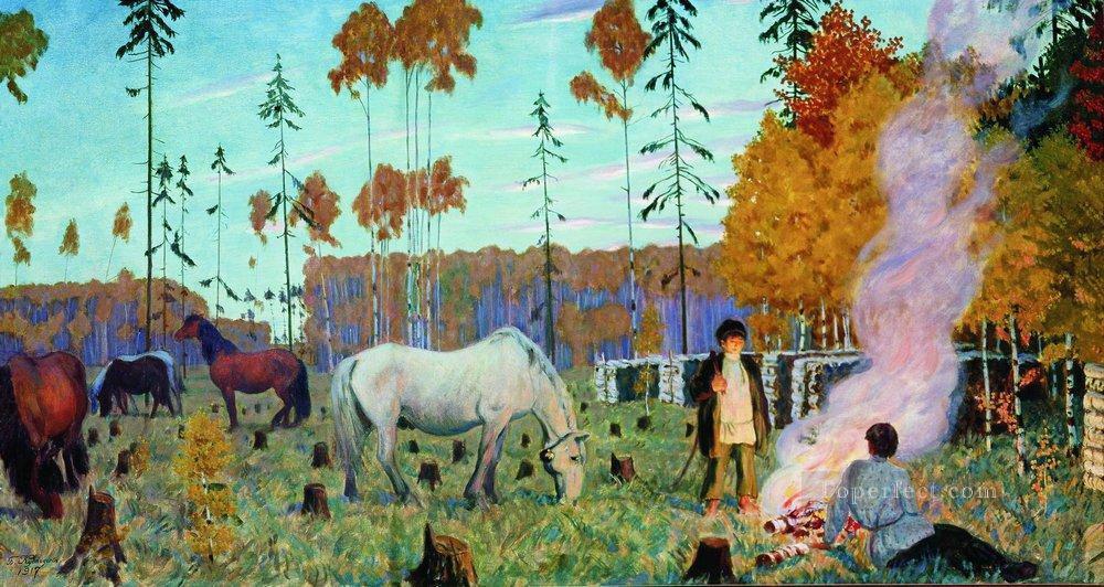 fireplace night 1917 Boris Mikhailovich Kustodiev Oil Paintings